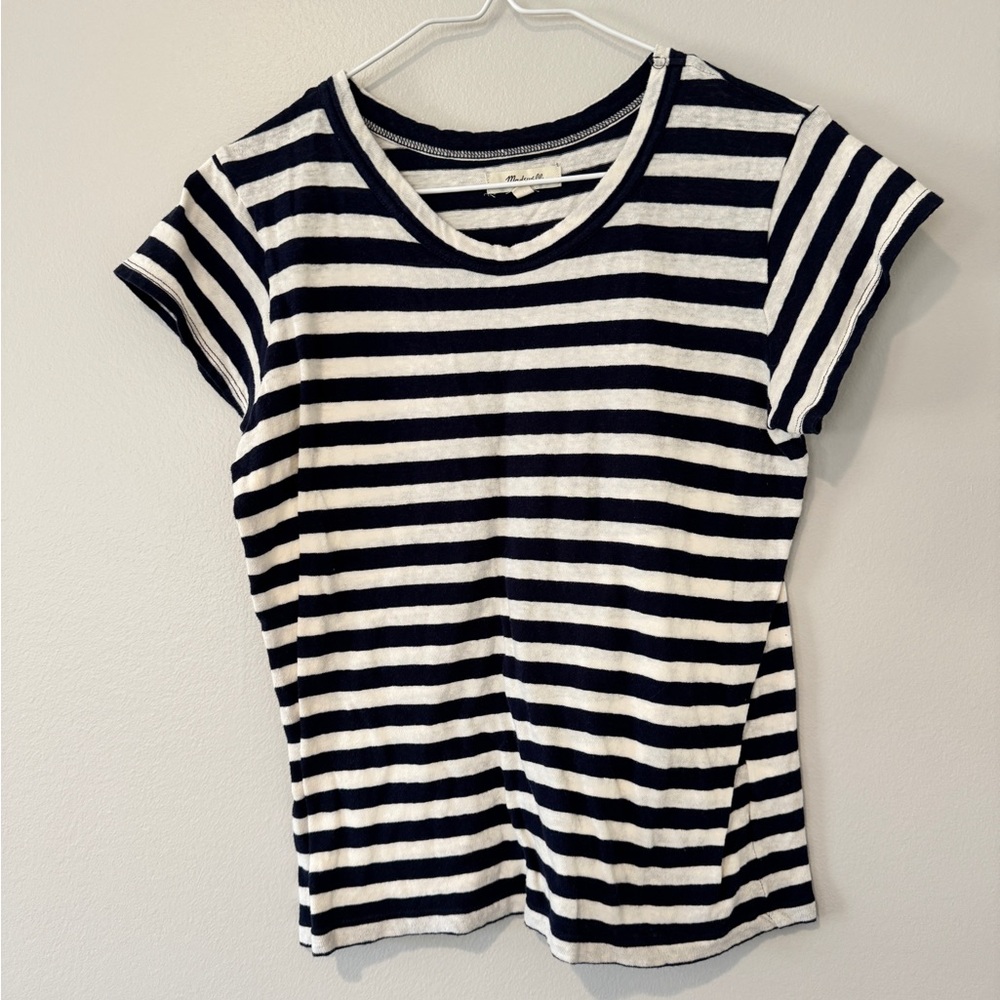 Madewell Navy and White Fitted Crew Neck T-Shirt